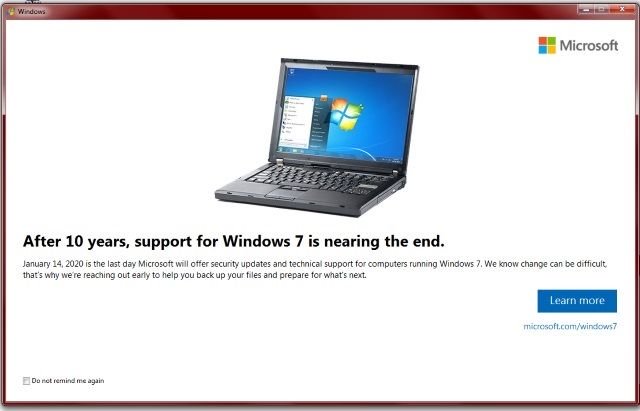 Exemplo de aviso para o encerramento do suporte ao Windows 7